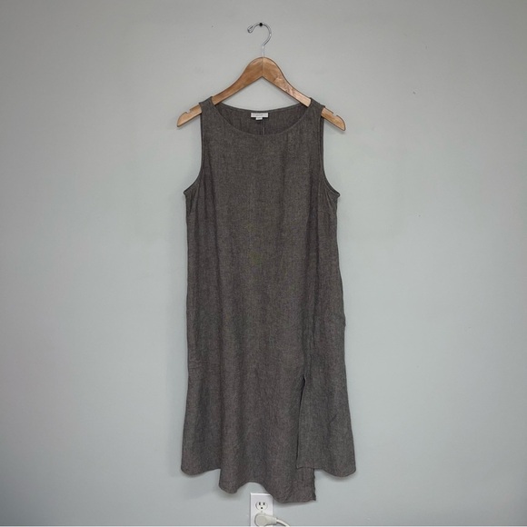 J Jill Linen Dress Size Medium Petite Grey Taupe Midi Asymmetrical Flowy Neutral - Picture 2 of 8